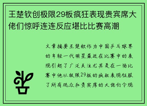 王楚钦创极限29板疯狂表现贵宾席大佬们惊呼连连反应堪比比赛高潮